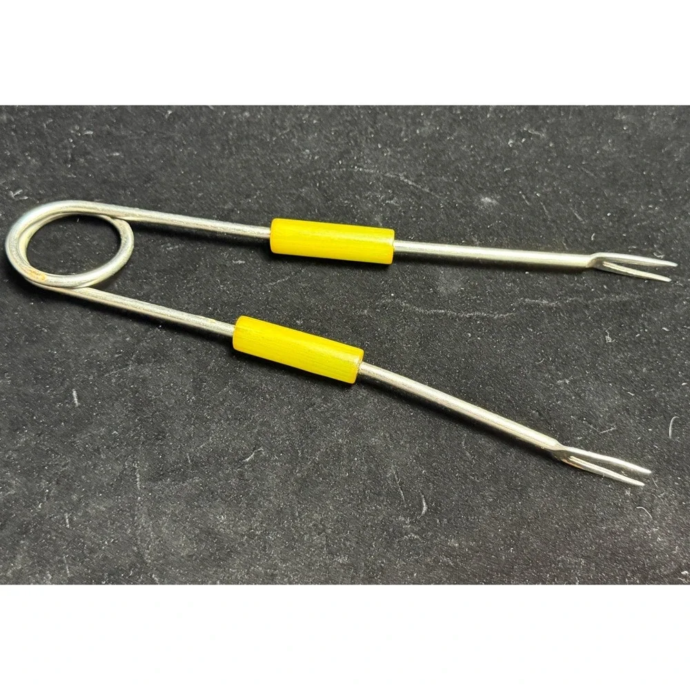 Vintage Ekco Stainless Pickle Fork, Yellow Spring Wire Tongs, Ice tongs, 3pc Set